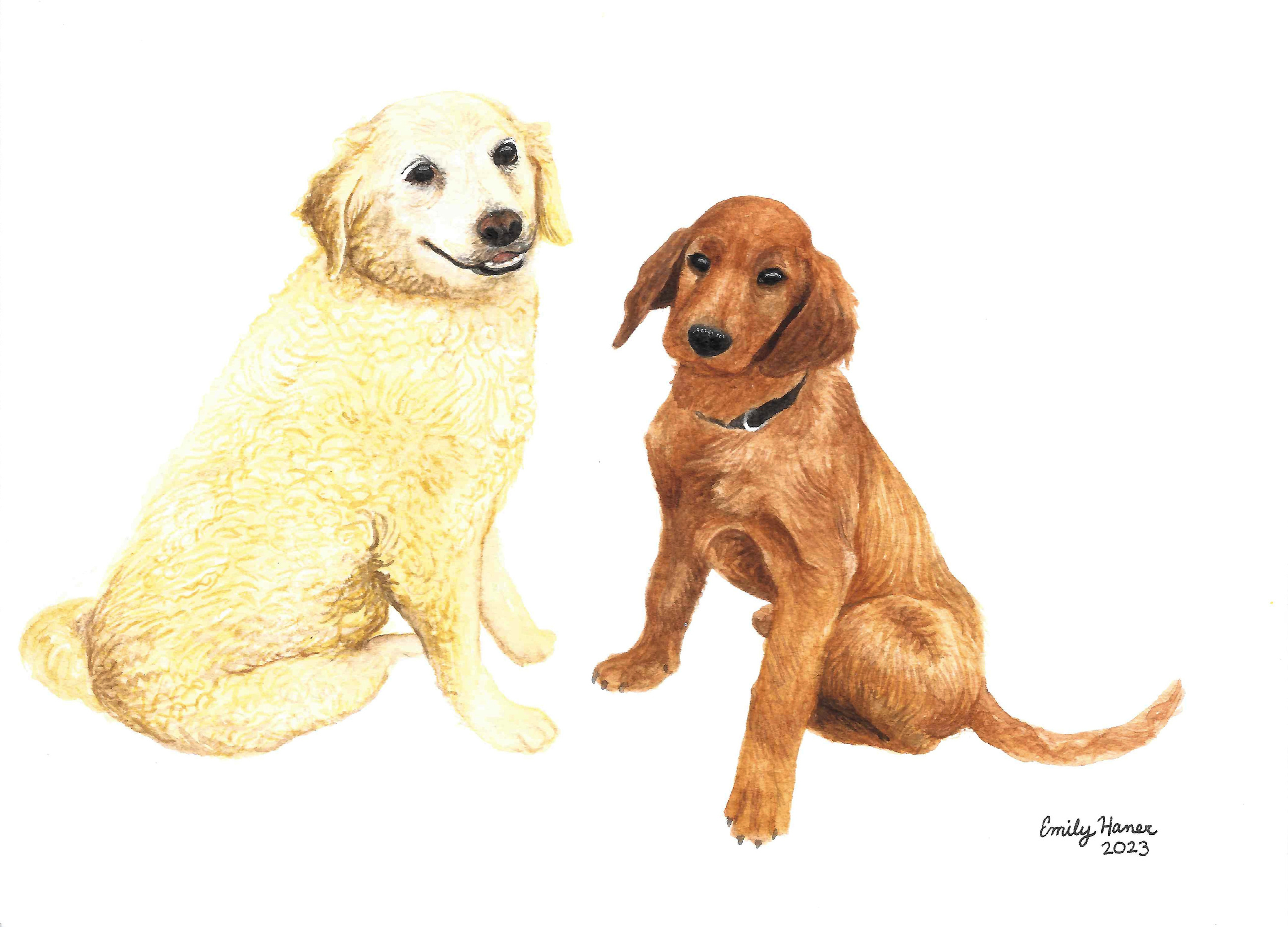 Watercolor portrait of Bella and Petra sitting together